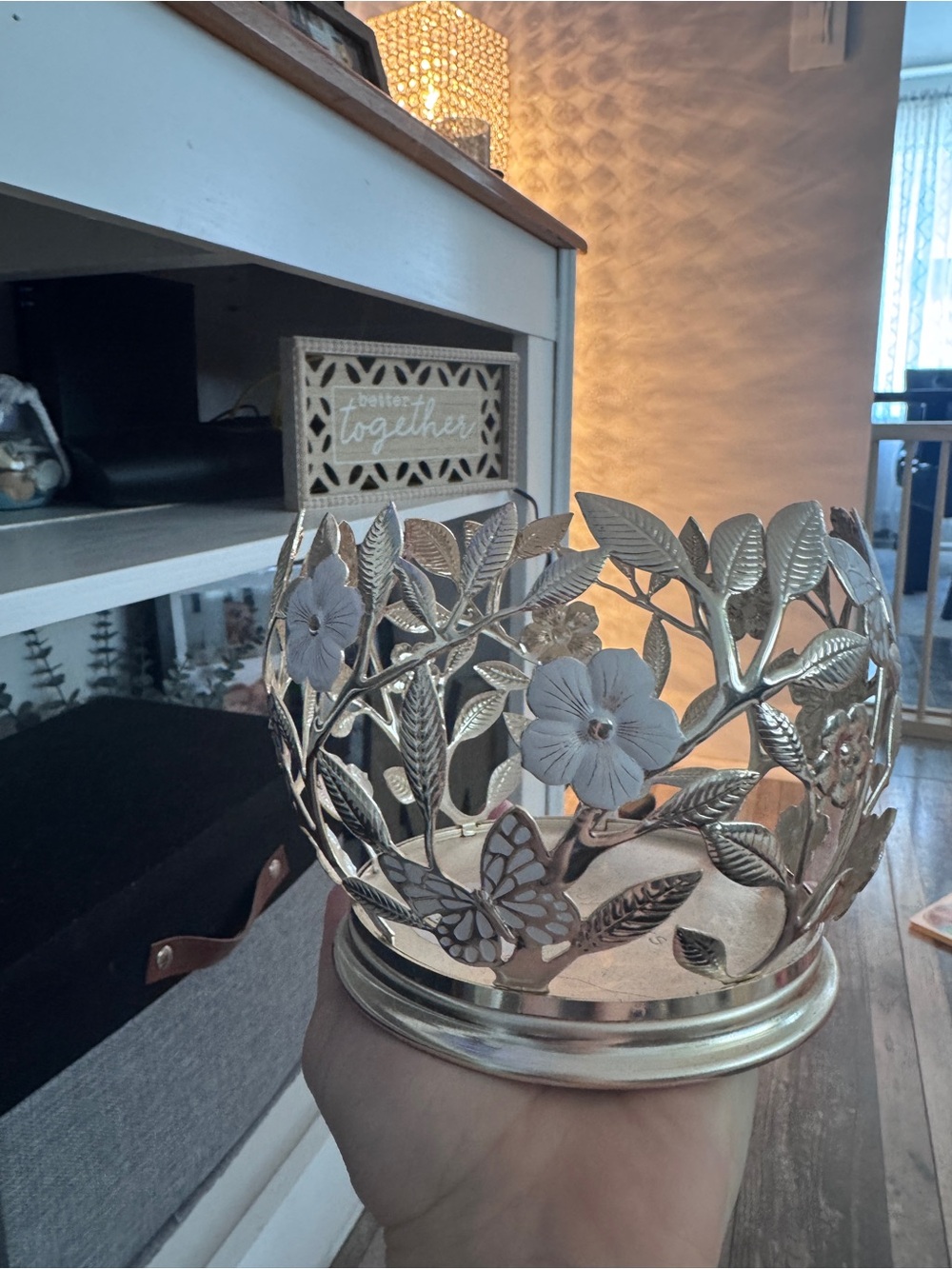 Decorative Gold Floral Candle Holder with White Flower Accents